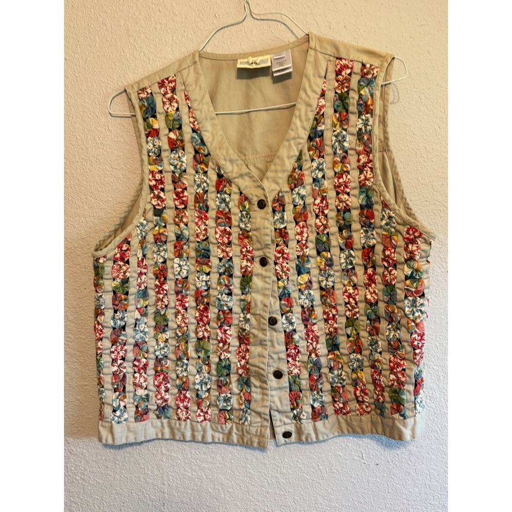 Susan Bristol Casuals Vintage 1998 Tan Cotton Yo-Yo Floral Vest Women 1W 90s